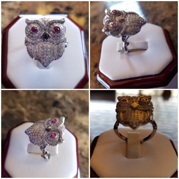 Genuine White Sapphire & Rubies Owl Ring - Picture 2 of 6